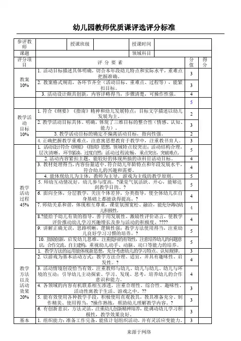 幼儿园教师优质课评分表格模板