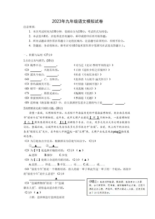 2023年江苏省盐城市射阳县实验初级中学中考二模语文试题