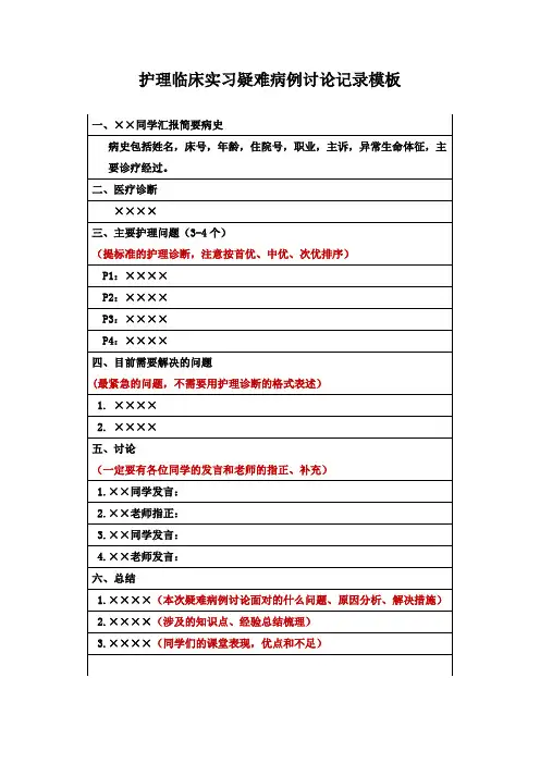 护理临床实习疑难病例讨论记录模板