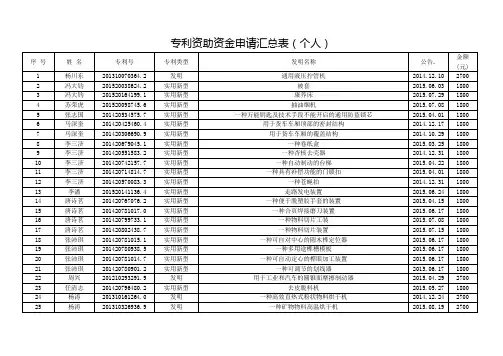 专利资助资金申请汇总表个人