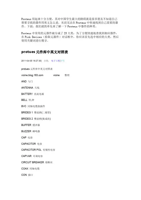 Proteus中常用的元器件中英文名称对照