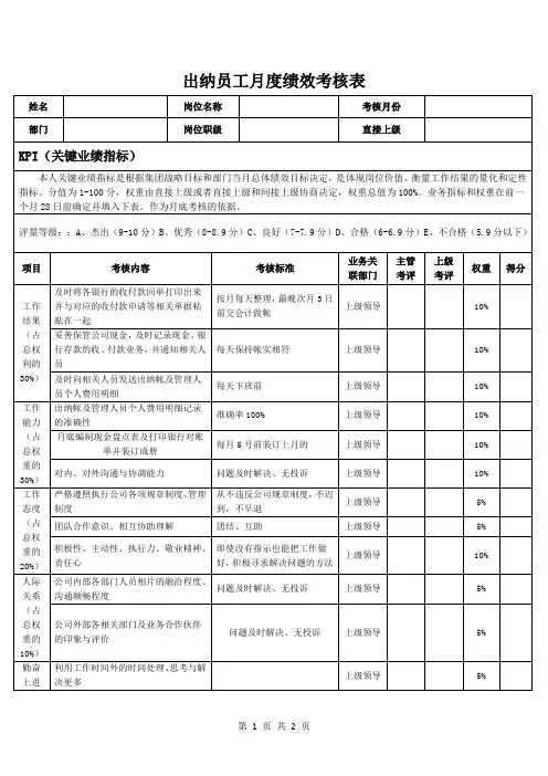 出纳员工月度绩效考核表