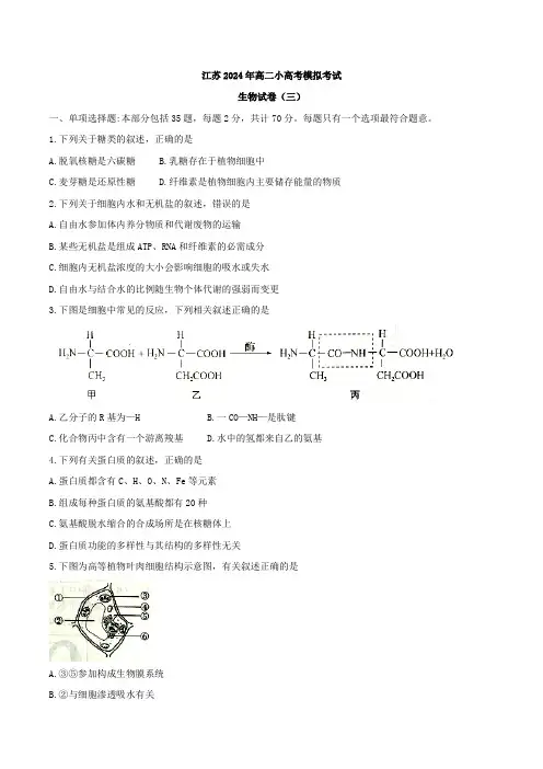江苏2024年高二小高考模拟考试生物试卷(三)