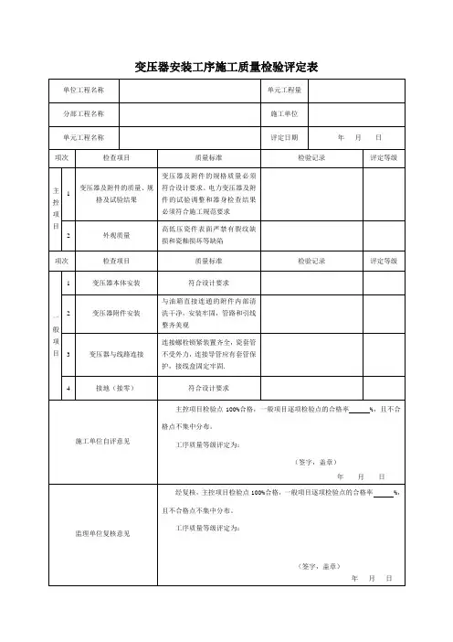 机电设备单元工程质量评定