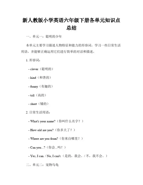 新人教版小学英语六年级下册各单元知识点总结