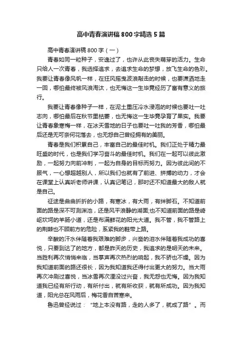 高中青春演讲稿800字精选5篇