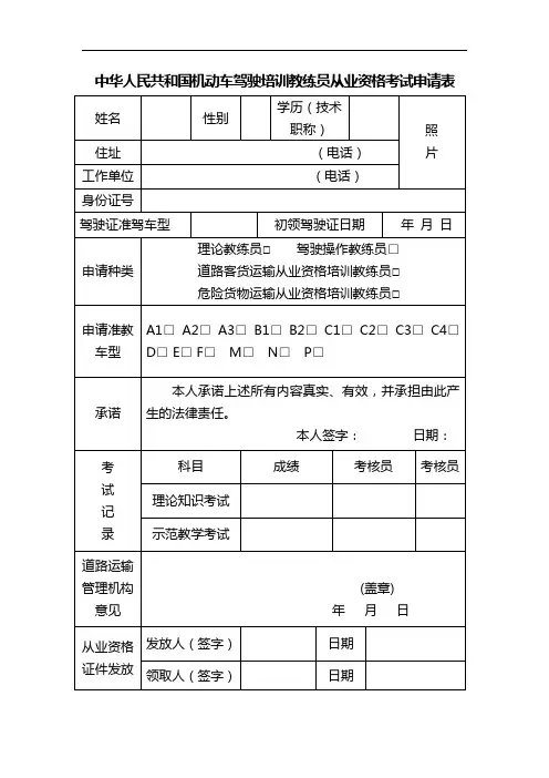 机动车驾驶员培训教练员资格认定申请表 (1)