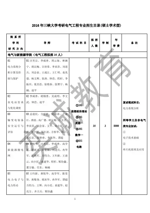 2016年三峡大学考研电气工程专业招生目录(硕士学术型)