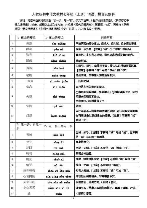 人教版初中语文教材七年级(上册)词语、拼音及解释