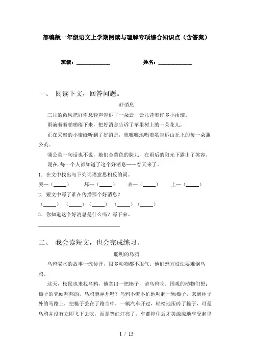部编版一年级语文上学期阅读与理解专项综合知识点(含答案)