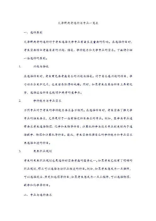 天津新高考选科与专业一览表