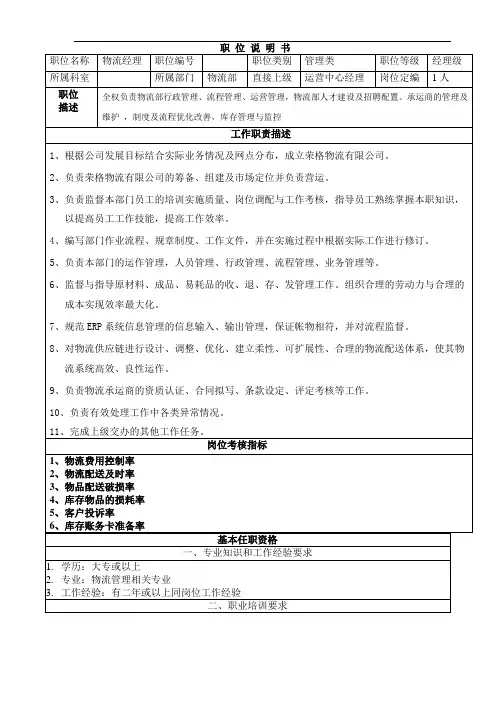 岗位说明书(物流经理)