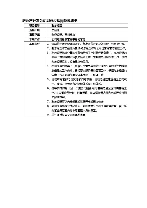 房地产开发公司副总经理岗位说明书