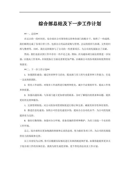 综合部总结及下一步工作计划