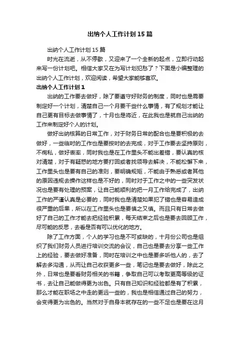 出纳个人工作计划15篇