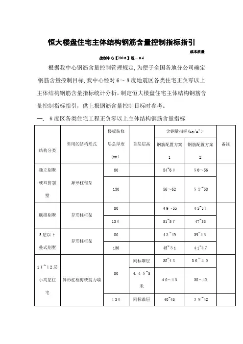 恒大住宅主体结构含钢量控制标准1