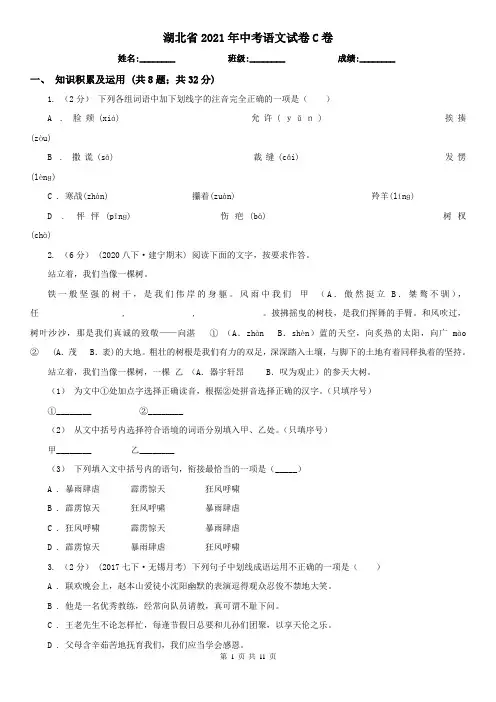 湖北省2021年中考语文试卷C卷(新版)