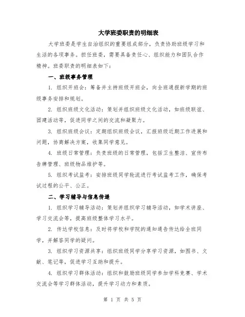 大学班委职责的明细表（二篇）