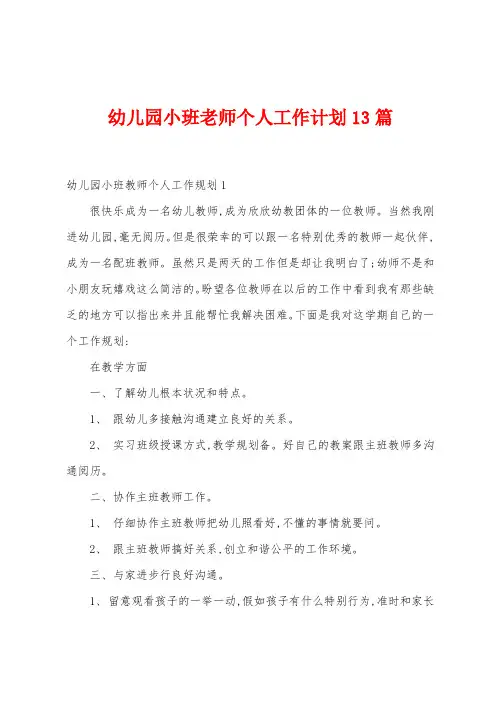 幼儿园小班老师个人工作计划13篇