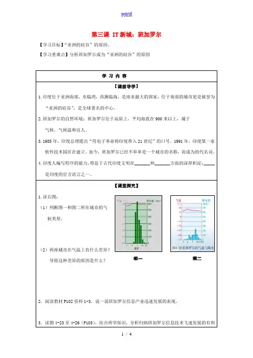 七年级历史与社会上册 第四单元 文明中心—城市 第三课 IT新城：班加罗尔学案 新人教版-新人教版初