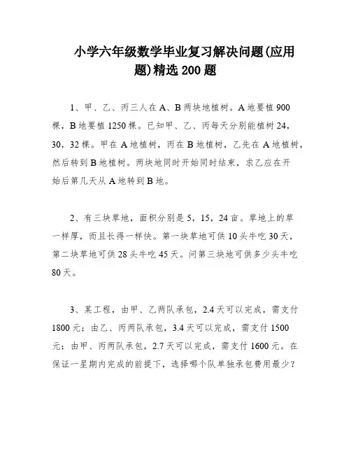 小学六年级数学毕业复习解决问题(应用题)精选200题