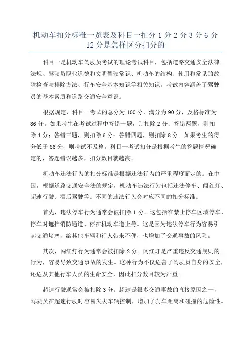 机动车扣分标准一览表及科目一扣分1分2分3分6分12分是怎样区分扣分的