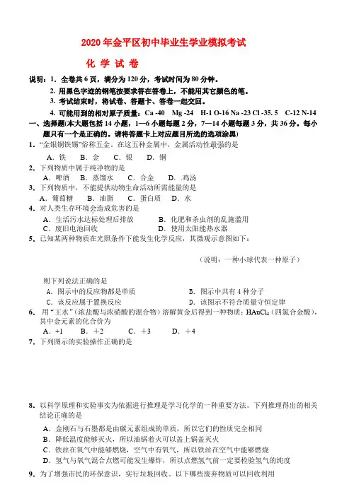 广东省汕头金平区2020年九年级化学中考模拟质量测试(试卷)人教版