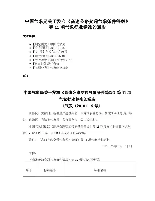中国气象局关于发布《高速公路交通气象条件等级》等11项气象行业标准的通告