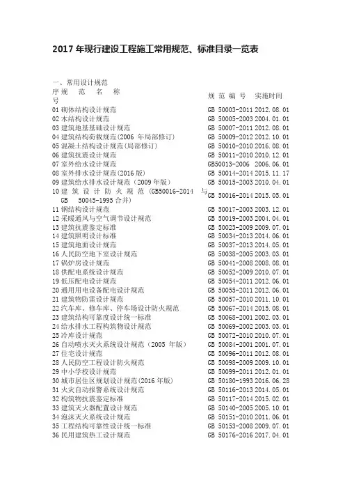 2017年现行建设工程施工常用规范、标准目录一览表