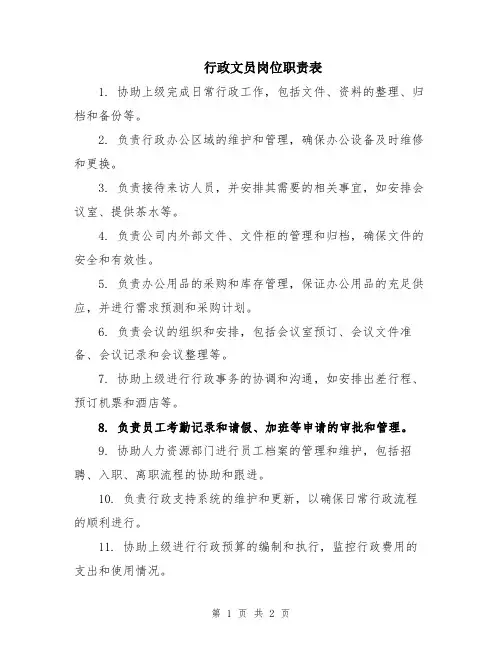 行政文员岗位职责表