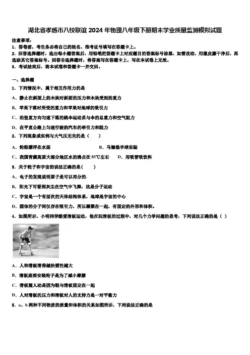 湖北省孝感市八校联谊2024年物理八年级下册期末学业质量监测模拟试题含解析