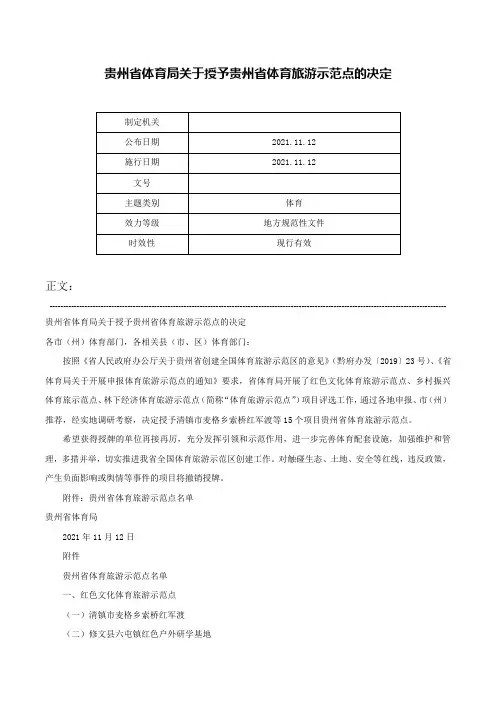 贵州省体育局关于授予贵州省体育旅游示范点的决定-