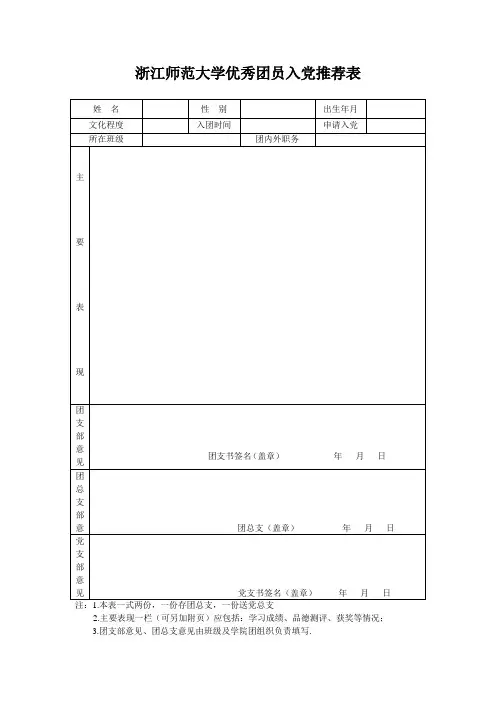 优秀团员入党推荐表(打印时把附件放背面)
