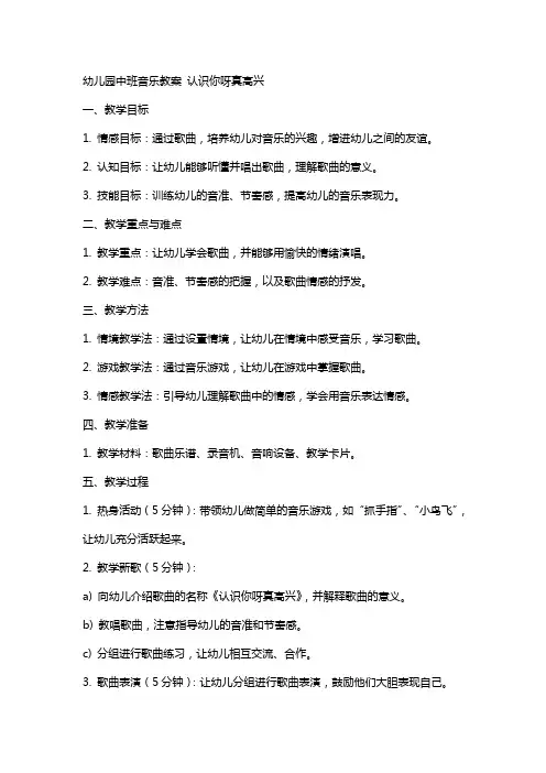 幼儿园中班音乐教案 认识你呀真高兴