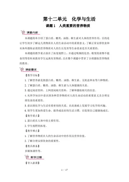 人教版九年级化学下册第十二单元《化学与生活》教案
