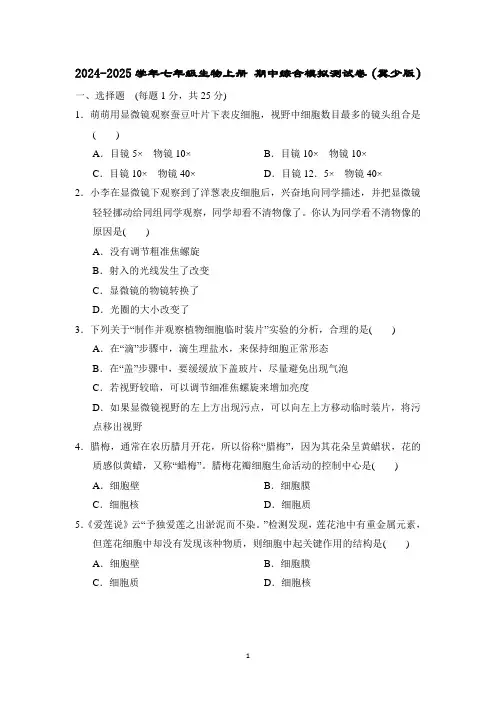 2024-2025学年七年级生物上册第一学期 期中综合模拟测试卷(冀少版)