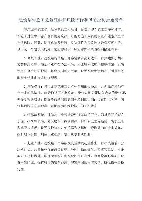 建筑结构施工危险源辨识风险评价和风险控制措施清单
