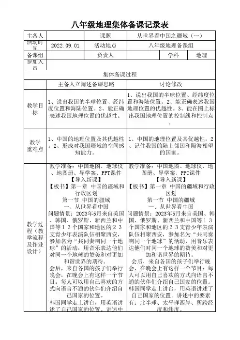 八年级地理集体备课记录表