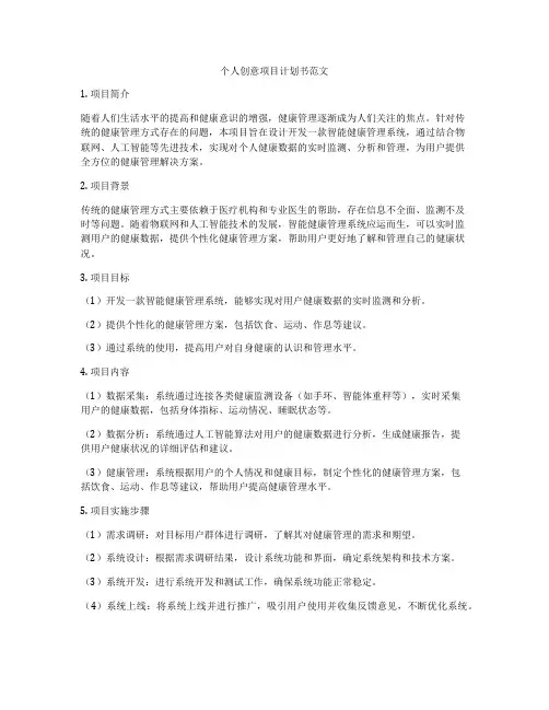 个人创意项目计划书范文