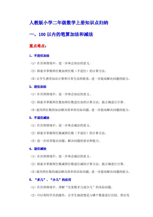 人教版小学二年级数学上册知识点归纳