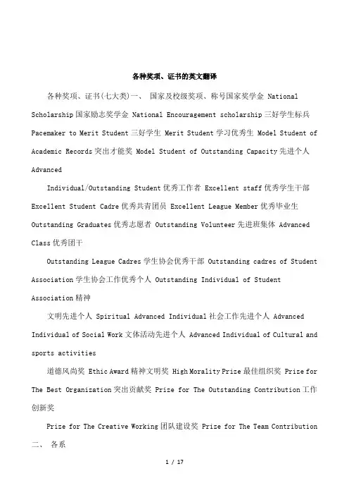 各种奖项、证书的英文翻译