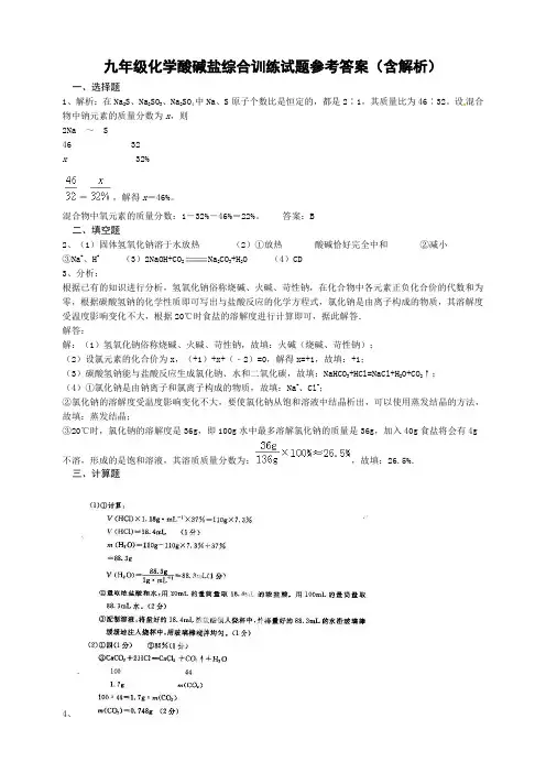 九年级化学酸碱盐综合训练试题参考答案