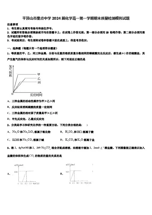 平顶山市重点中学2024届化学高一第一学期期末质量检测模拟试题含解析