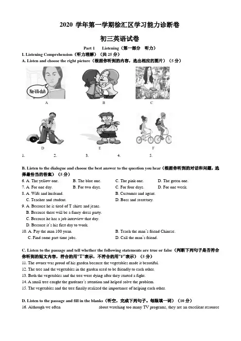 上海市徐汇区2020-2021学年九年级上学期期末(一模)英语试题
