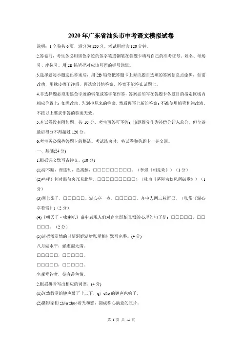 2020年广东省汕头市中考语文模拟试卷及答案