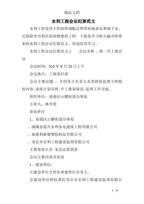 水利工程会议纪要范文