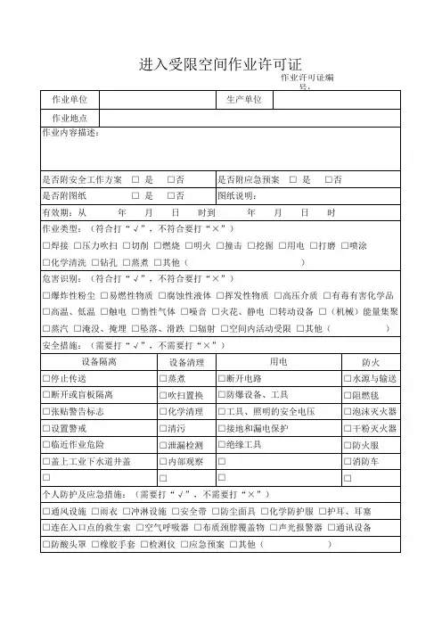 进入受限空间作业许可证