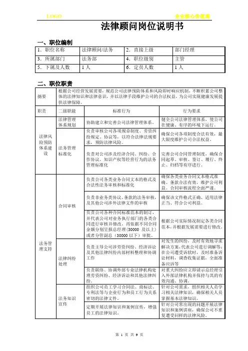 法务法律顾问岗位说明书