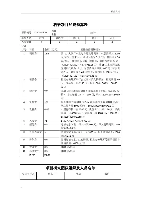 科研项目经费预算表(