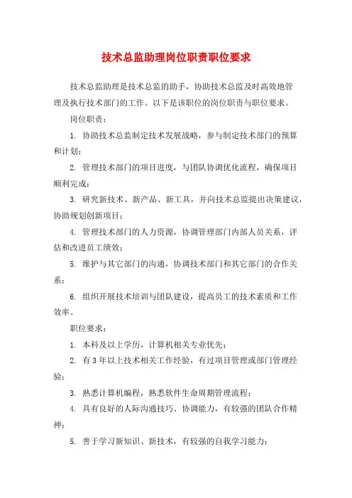 技术总监助理岗位职责职位要求